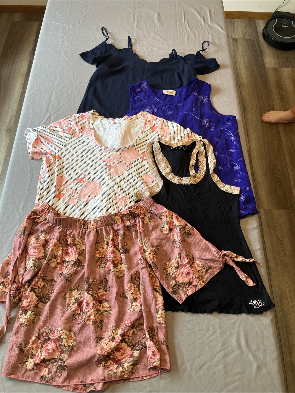 Mixed Women 5 Tops Bundle - Navy, Purple, Black, Pink Floral & Striped Styles- M